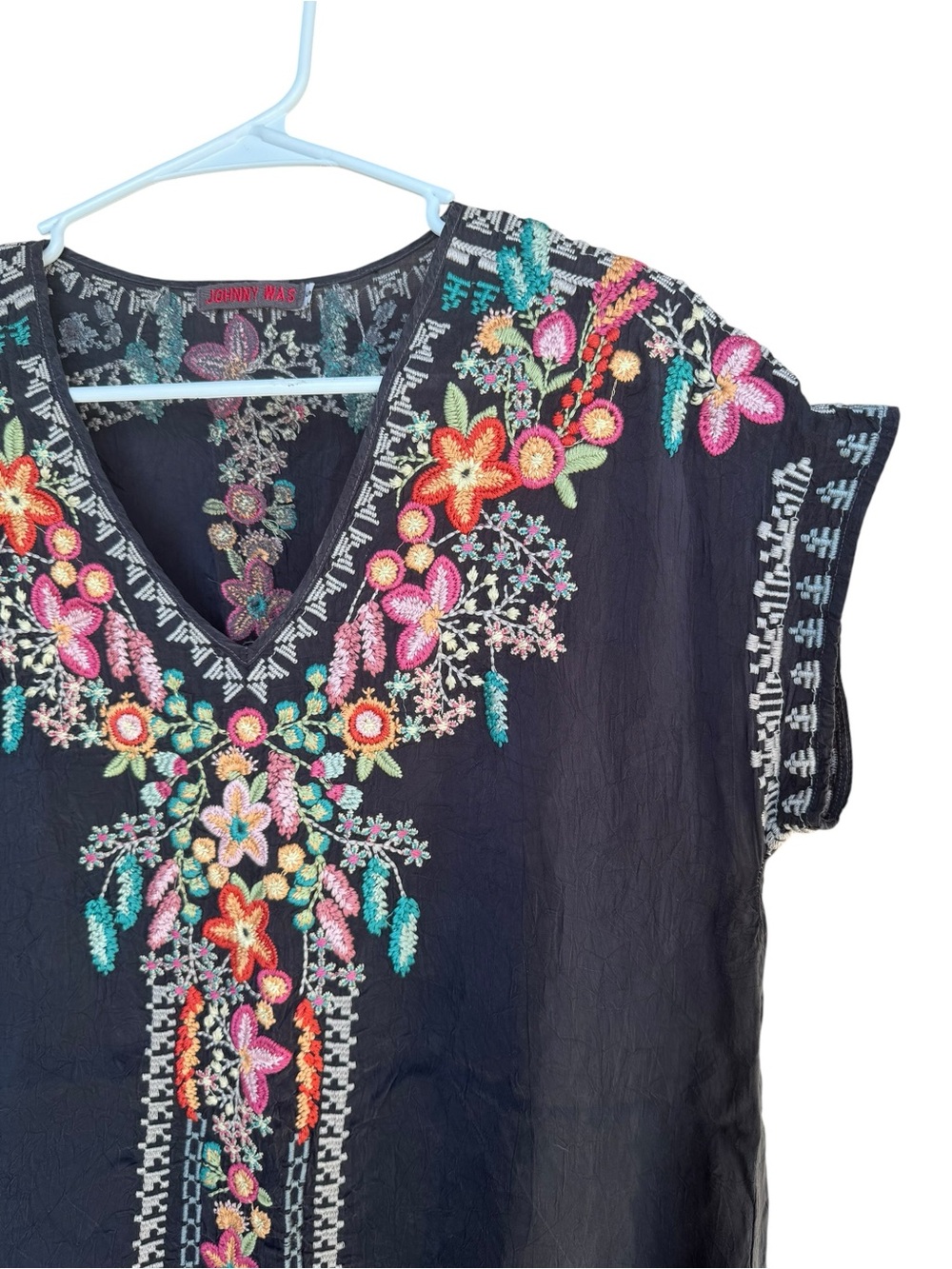 Johnny Was Black Embroidered Floral Boho V-Neck Tunic/Dress
